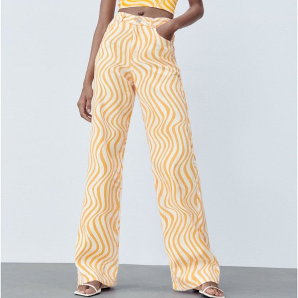 Zara High Rise Full Length Printed Jeans US 6 - Picture 1 of 13
